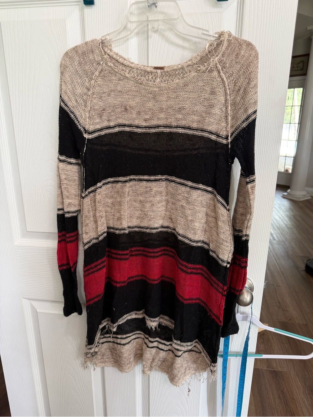 Free People Distressed Striped Open Knit Sweater Tunic S Boho Grunge